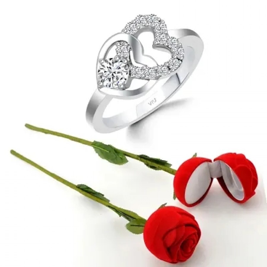 Scented Rose with stylish Valentine CZ Rhodium plated alloy Ring for Women and Girls (1 scented rose and 1 ring)