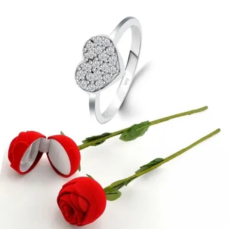 Scented Rose with stylish Valentine CZ Rhodium plated alloy Ring for Women and Girls (1 scented rose and 1 ring)