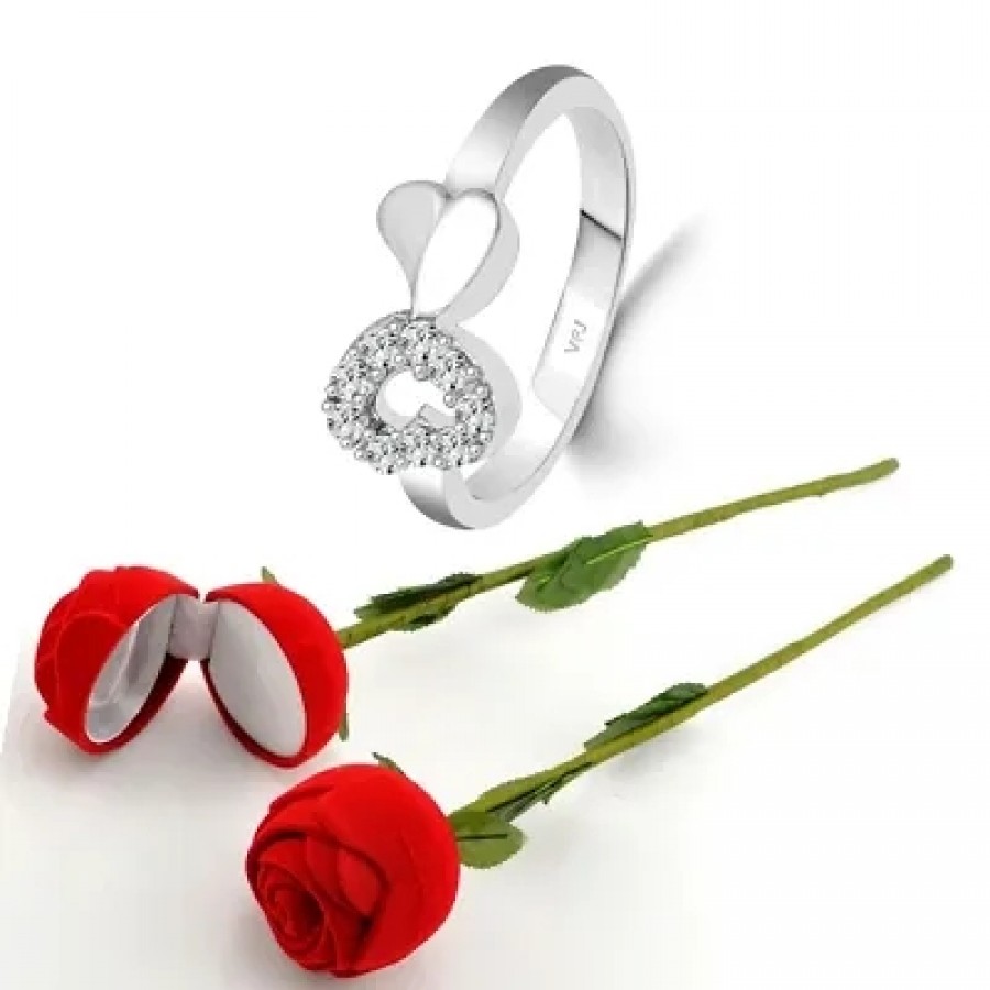 Scented Rose with stylish Valentine CZ Rhodium plated alloy Ring for Women and Girls (1 scented rose and 1 ring)