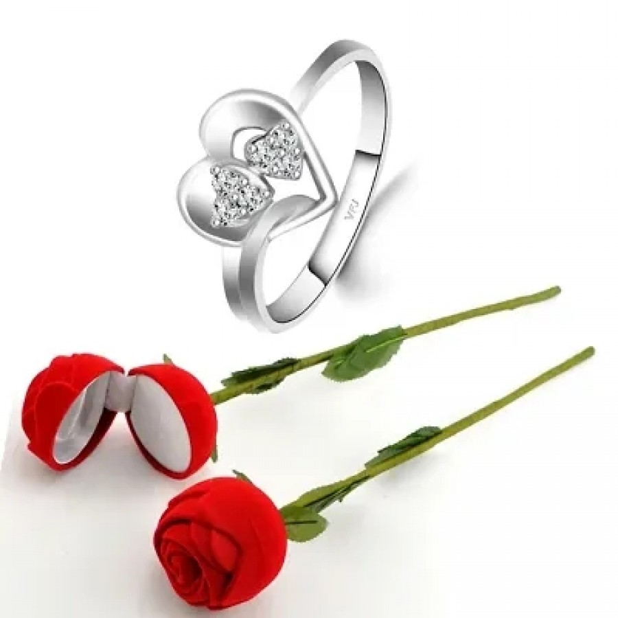 Scented Rose with stylish Valentine CZ Rhodium plated alloy Ring for Women and Girls (1 scented rose and 1 ring)