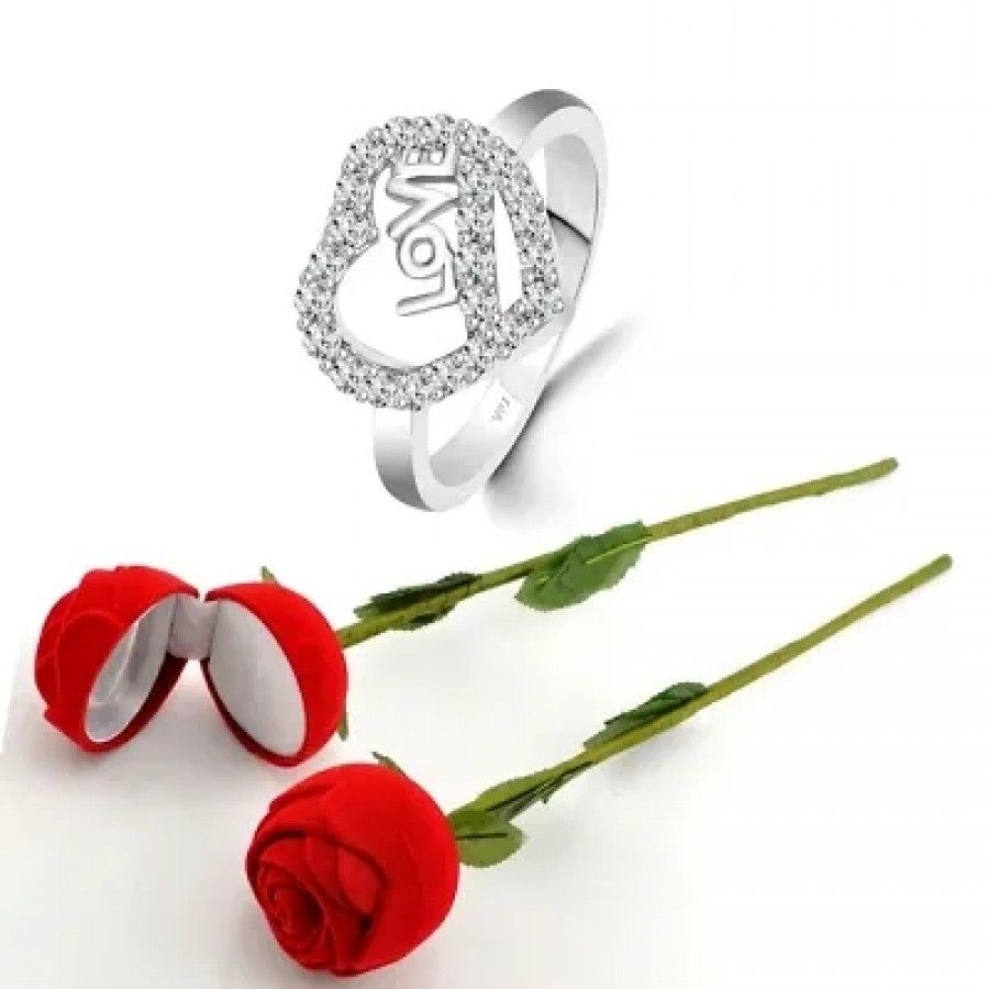 Scented Rose with stylish Valentine CZ Rhodium plated alloy Ring for Women and Girls (1 scented rose and 1 ring)