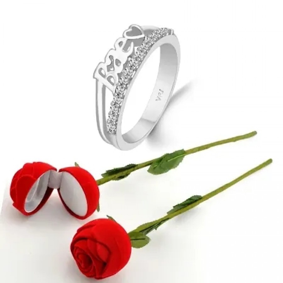 Scented Rose with stylish Valentine CZ Rhodium plated alloy Ring for Women and Girls (1 scented rose and 1 ring)