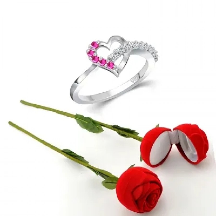 Scented Rose with stylish Valentine CZ Rhodium plated alloy Ring for Women and Girls (1 scented rose and 1 ring)