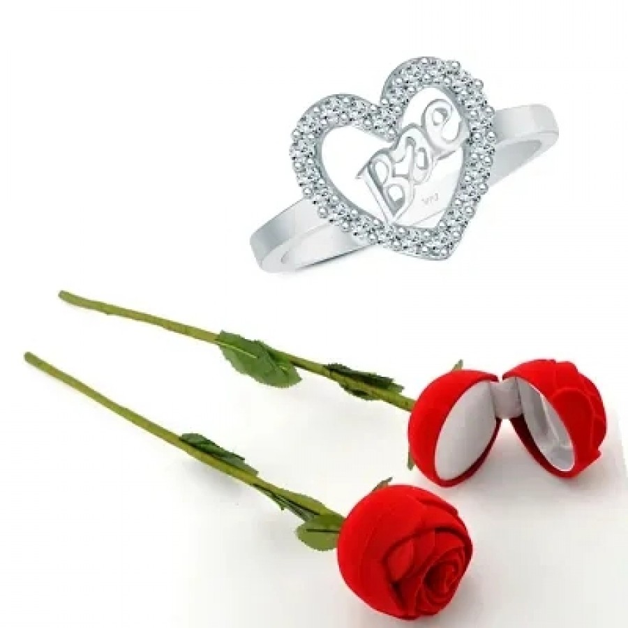 Scented Rose with stylish Valentine CZ Rhodium plated alloy Ring for Women and Girls (1 scented rose and 1 ring)