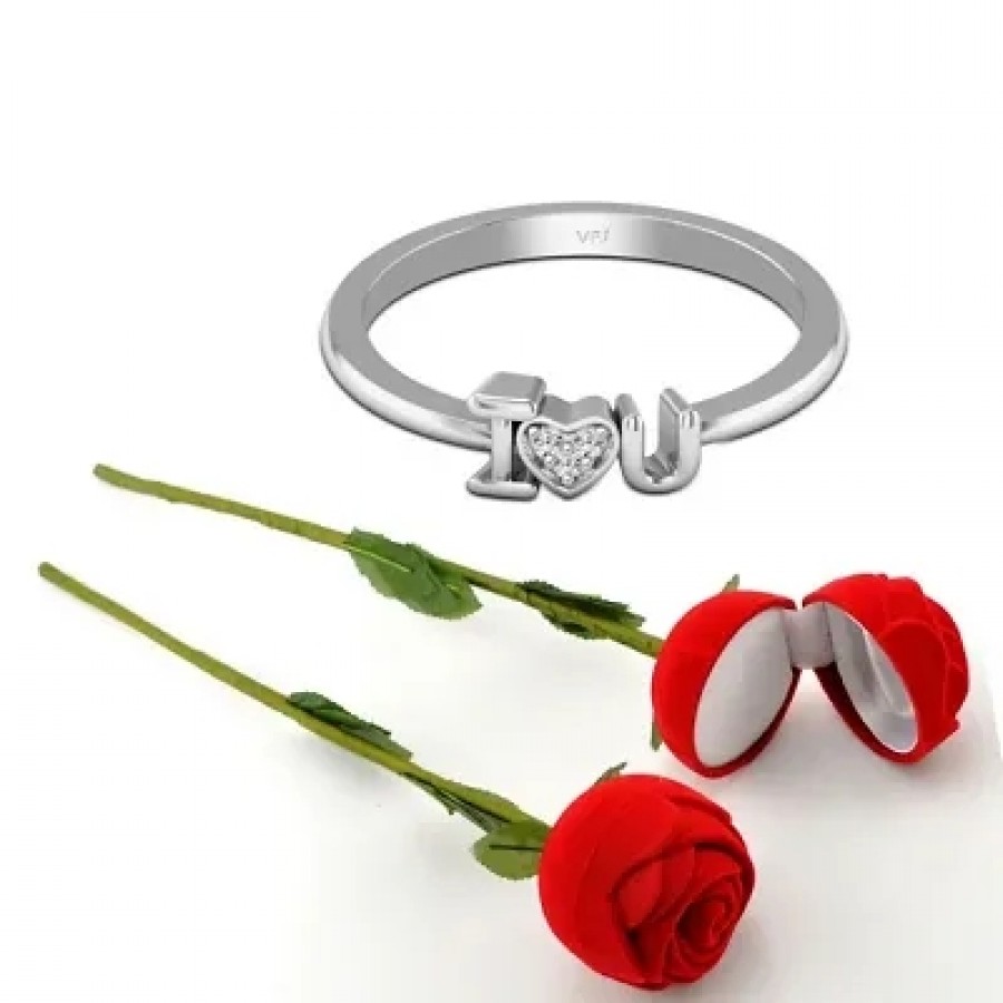 Scented Rose with stylish Valentine CZ Rhodium plated alloy Ring for Women and Girls (1 scented rose and 1 ring)