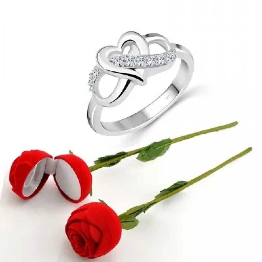 Scented Rose with stylish Valentine CZ Rhodium plated alloy Ring for Women and Girls (1 scented rose and 1 ring)