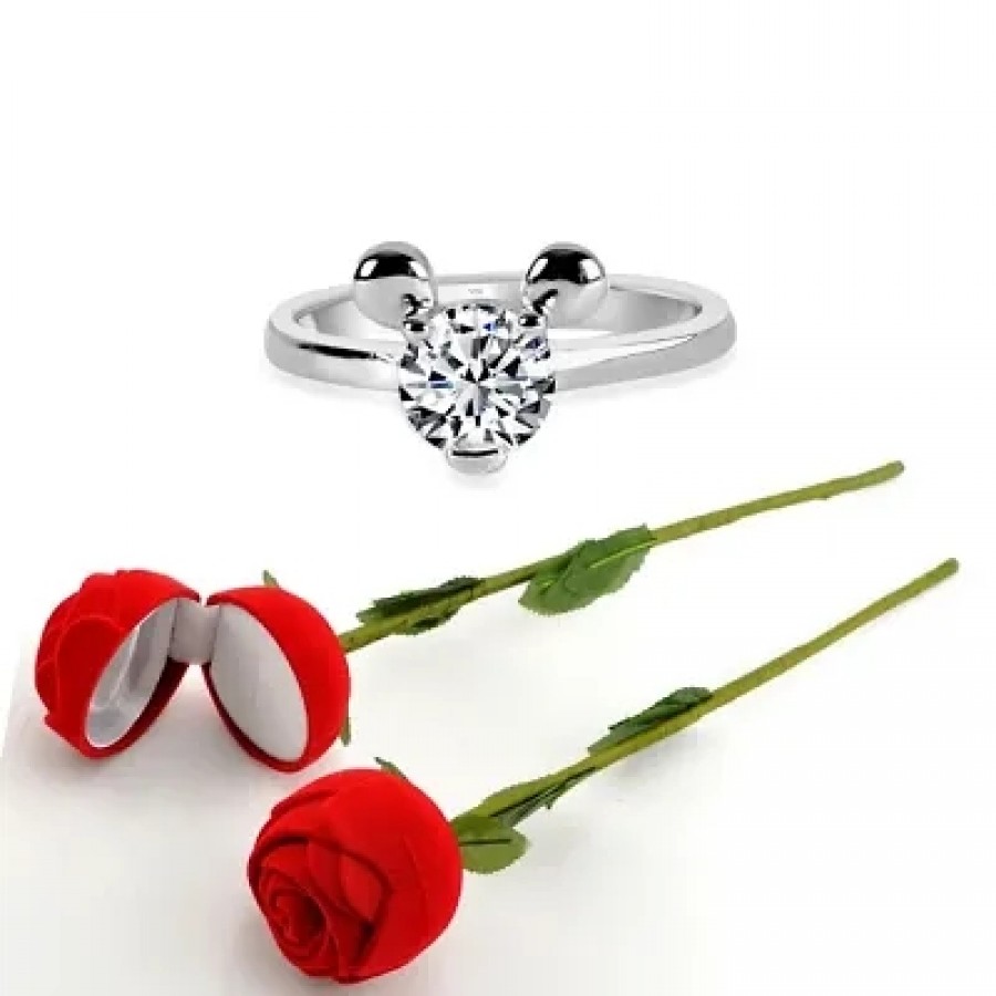 Scented Rose with stylish Valentine CZ Rhodium plated alloy Ring for Women and Girls (1 scented rose and 1 ring)