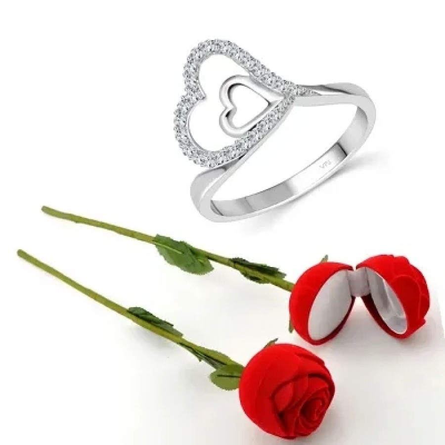 Scented Rose with stylish Valentine CZ Rhodium plated alloy Ring for Women and Girls (1 scented rose and 1 ring)