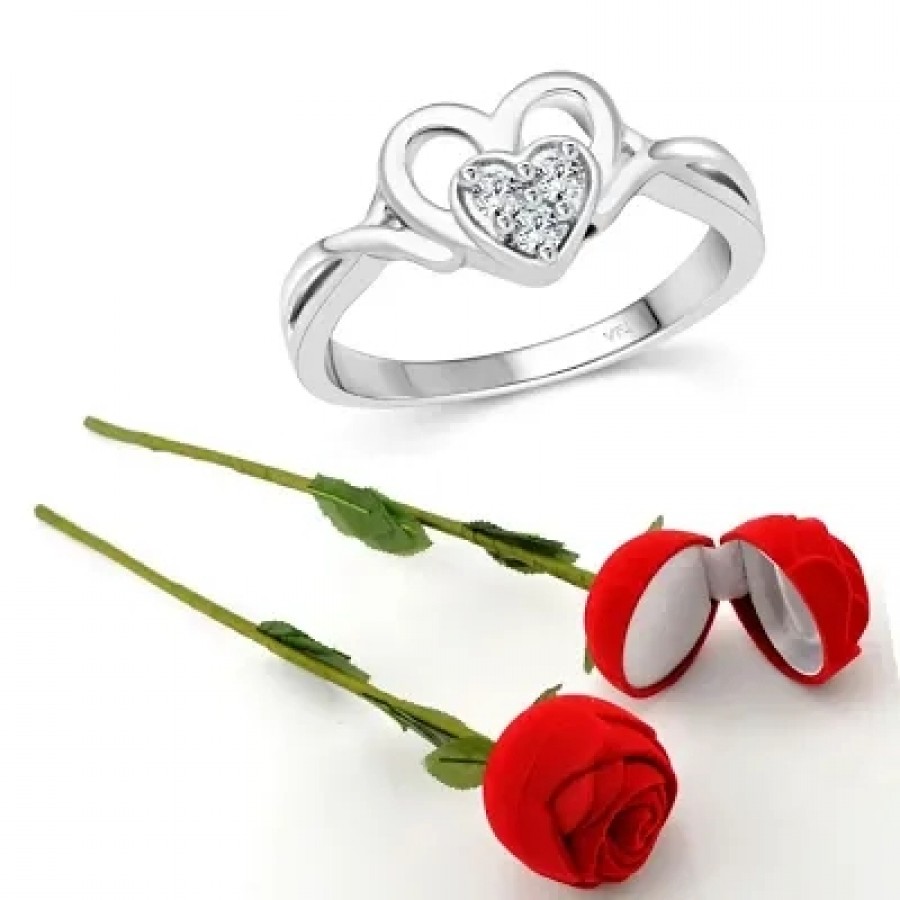 Scented Rose with stylish Valentine CZ Rhodium plated alloy Ring for Women and Girls (1 scented rose and 1 ring)