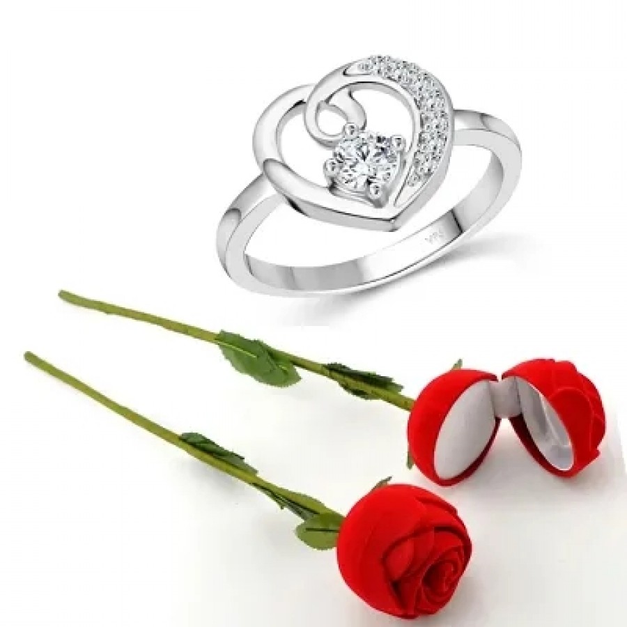 Scented Rose with stylish Valentine CZ Rhodium plated alloy Ring for Women and Girls (1 scented rose and 1 ring)