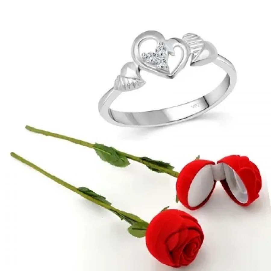 Scented Rose with stylish Valentine CZ Rhodium plated alloy Ring for Women and Girls (1 scented rose and 1 ring)