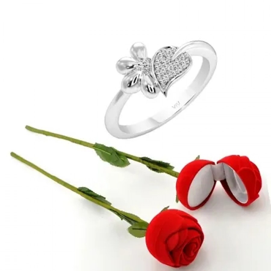 Scented Rose with stylish Valentine CZ Rhodium plated alloy Ring for Women and Girls (1 scented rose and 1 ring)