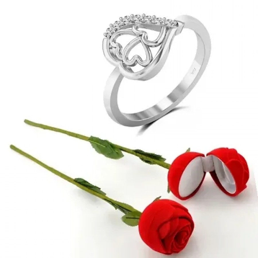 Scented Rose with stylish Valentine CZ Rhodium plated alloy Ring for Women and Girls (1 scented rose and 1 ring)