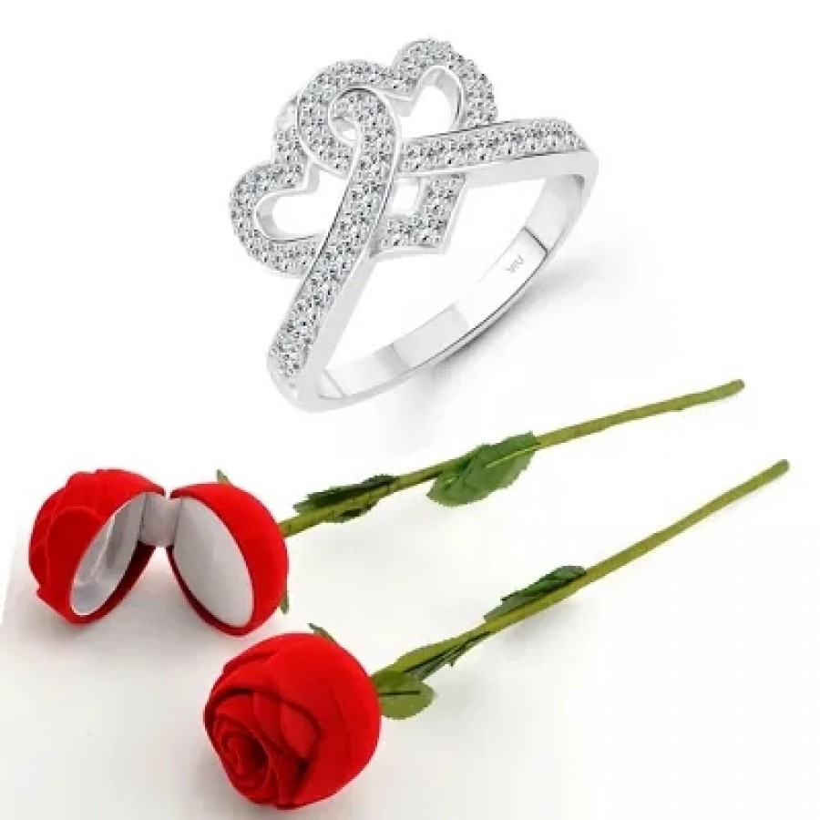 Scented Rose with stylish Valentine CZ Rhodium plated alloy Ring for Women and Girls (1 scented rose and 1 ring)