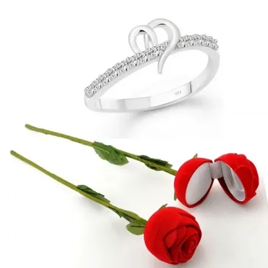 Scented Rose with stylish Valentine CZ Rhodium plated alloy Ring for Women and Girls (1 scented rose and 1 ring)