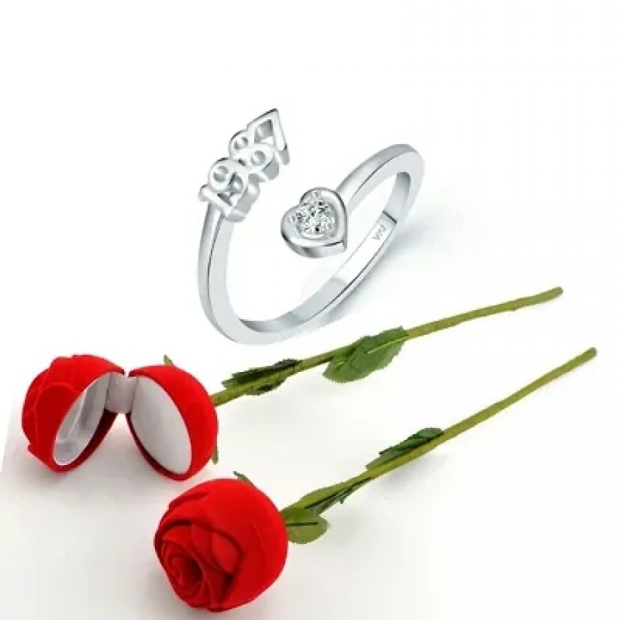 Scented Rose with stylish Valentine CZ Rhodium plated alloy Ring for Women and Girls (1 scented rose and 1 ring)