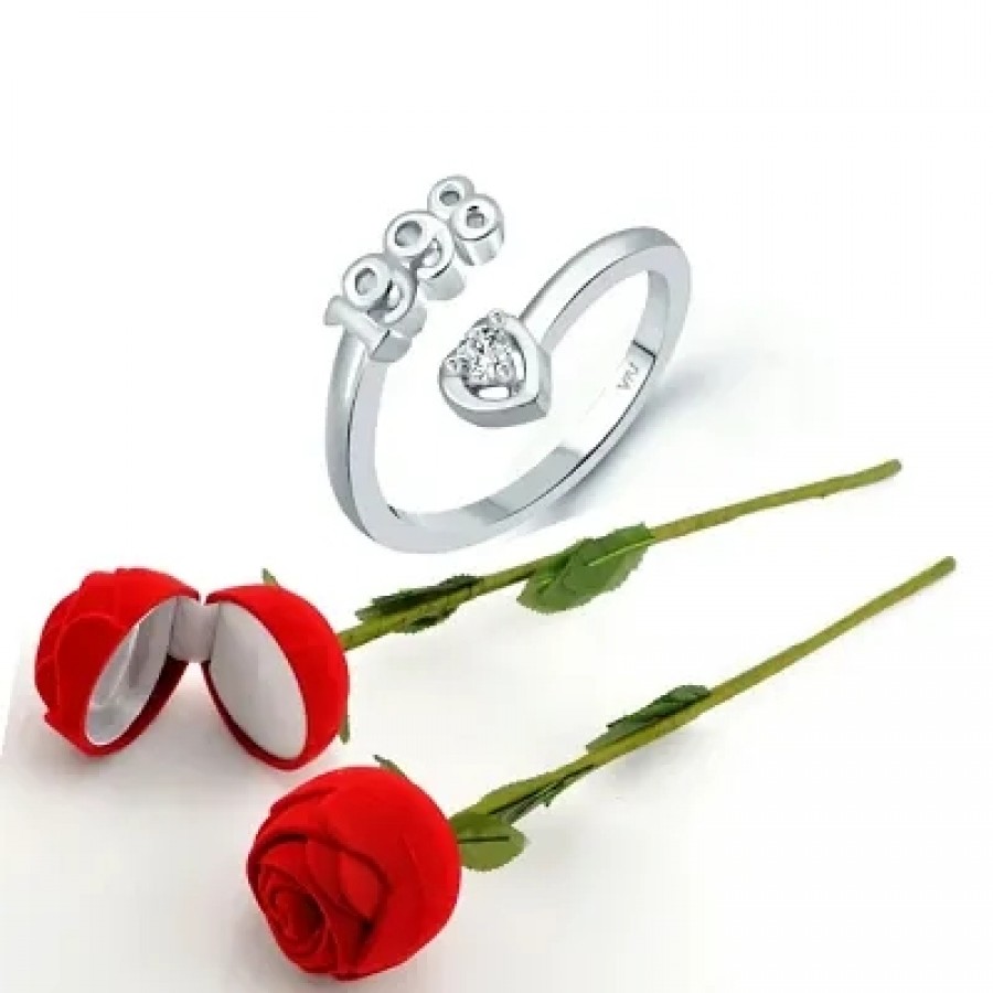 Scented Rose with stylish Valentine CZ Rhodium plated alloy Ring for Women and Girls (1 scented rose and 1 ring)