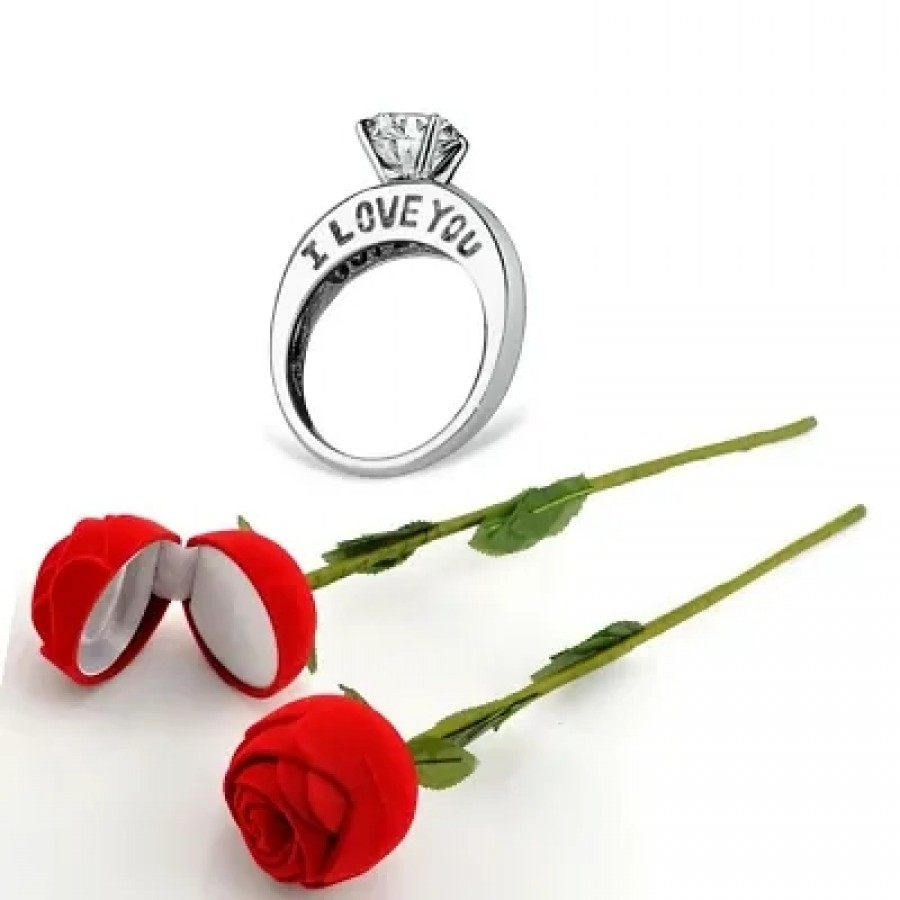 Scented Rose with stylish Valentine CZ Rhodium plated alloy Ring for Women and Girls (1 scented rose and 1 ring)