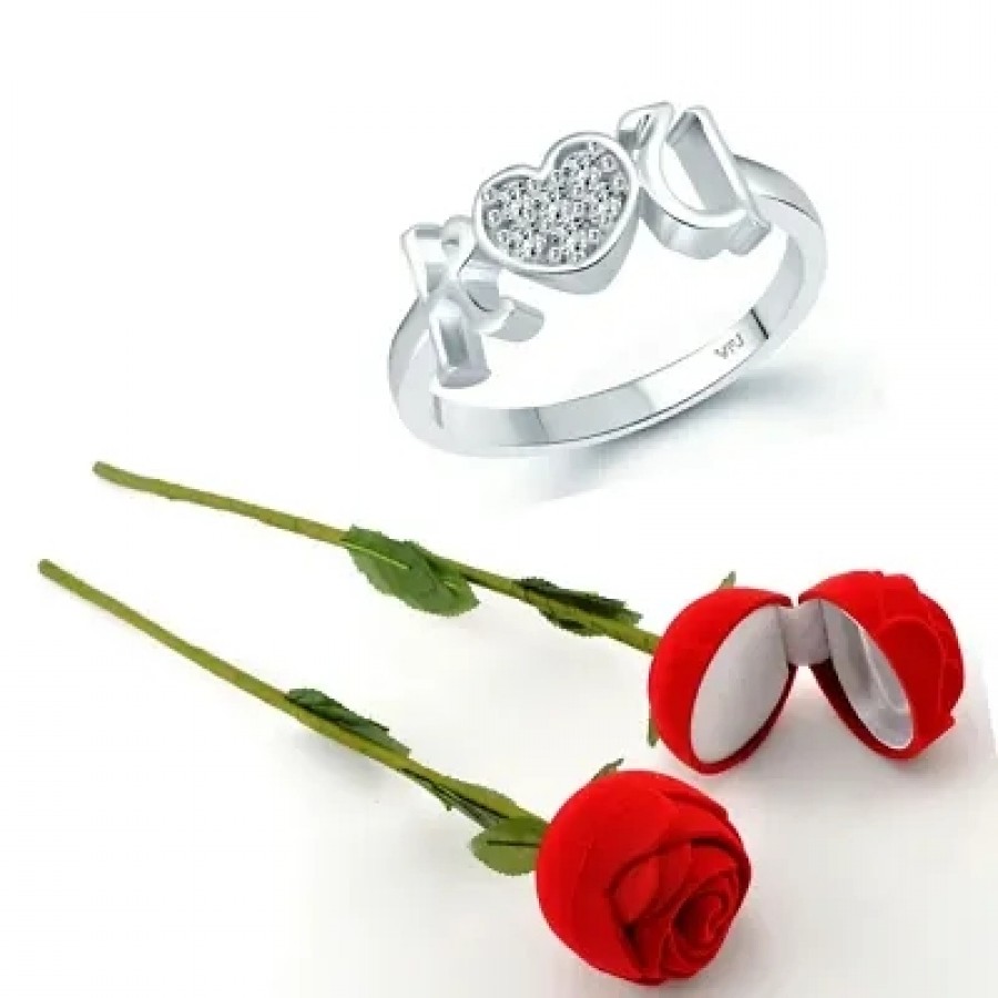 Scented Rose with stylish Valentine CZ Rhodium plated alloy Ring for Women and Girls (1 scented rose and 1 ring)