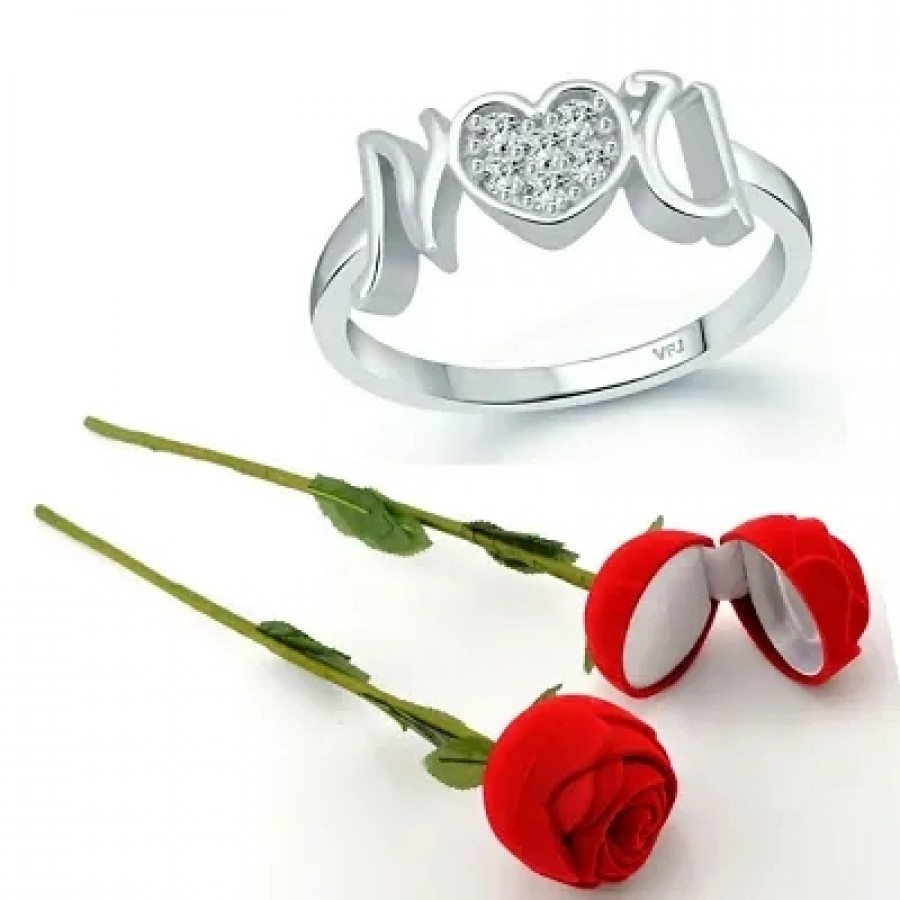 Scented Rose with stylish Valentine CZ Rhodium plated alloy Ring for Women and Girls (1 scented rose and 1 ring)