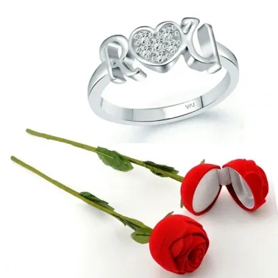 Scented Rose with stylish Valentine CZ Rhodium plated alloy Ring for Women and Girls (1 scented rose and 1 ring)