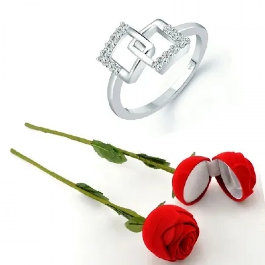 Scented Rose with stylish Valentine CZ Rhodium plated alloy Ring for Women and Girls (1 scented rose and 1 ring)