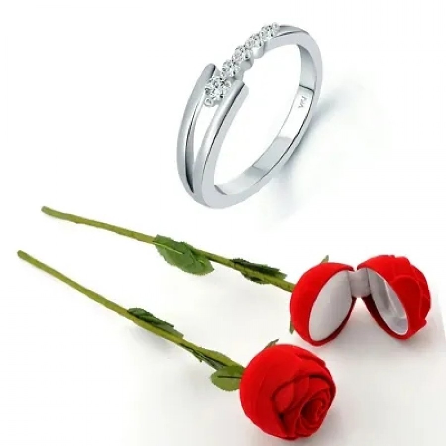 Scented Rose with stylish Valentine CZ Rhodium plated alloy Ring for Women and Girls (1 scented rose and 1 ring)