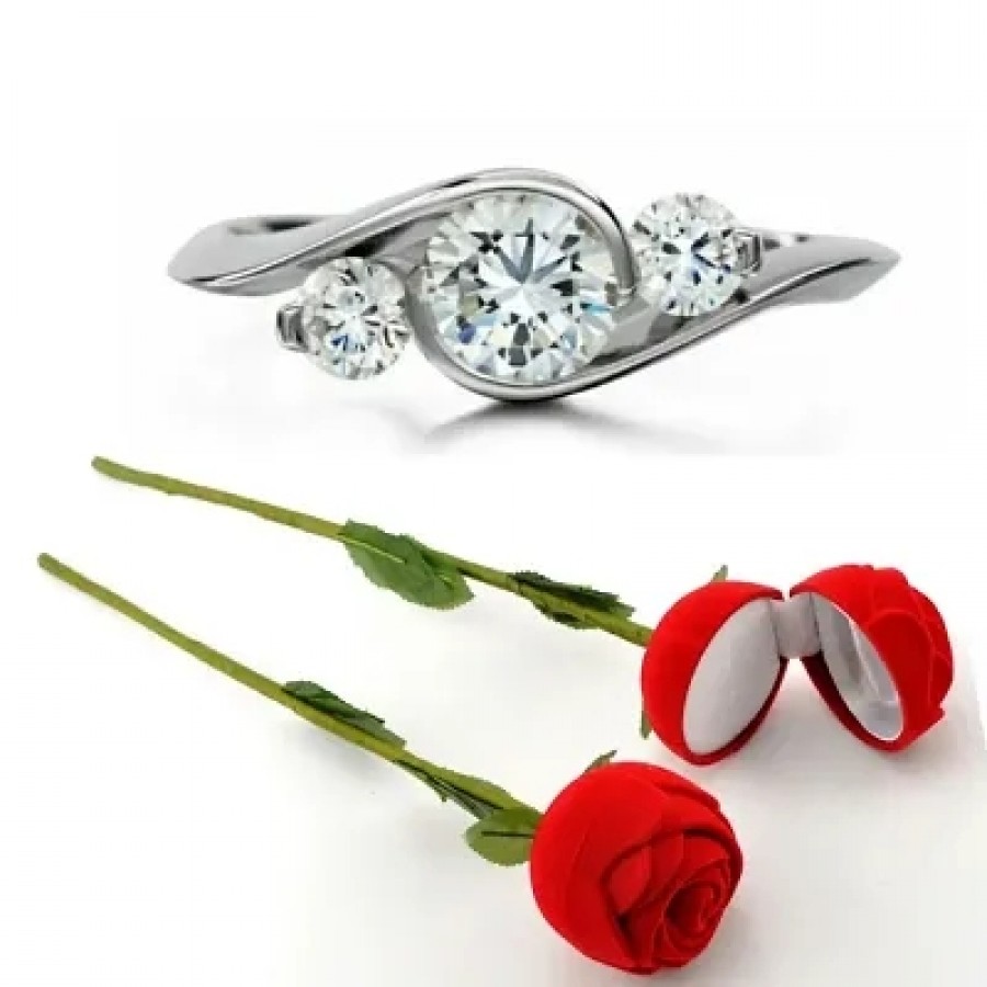 Scented Rose with stylish Valentine CZ Rhodium plated alloy Ring for Women and Girls (1 scented rose and 1 ring)