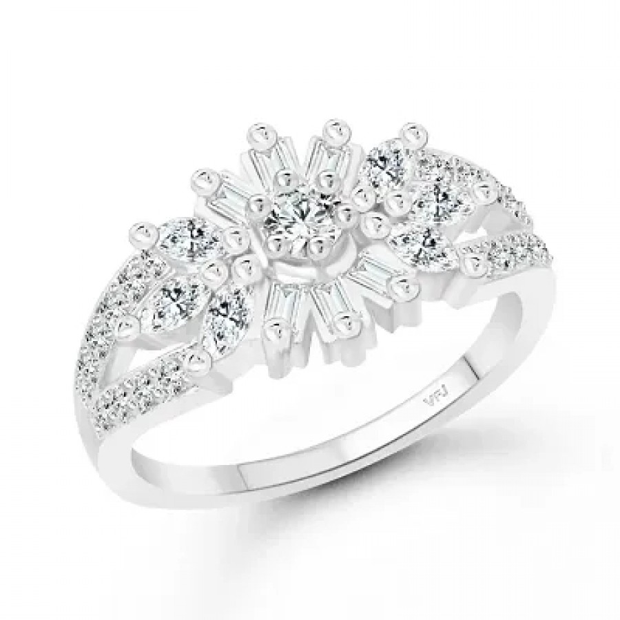 Tapered Baguette Flower CZ Rhodium Plated Alloy Finger Ring for Women