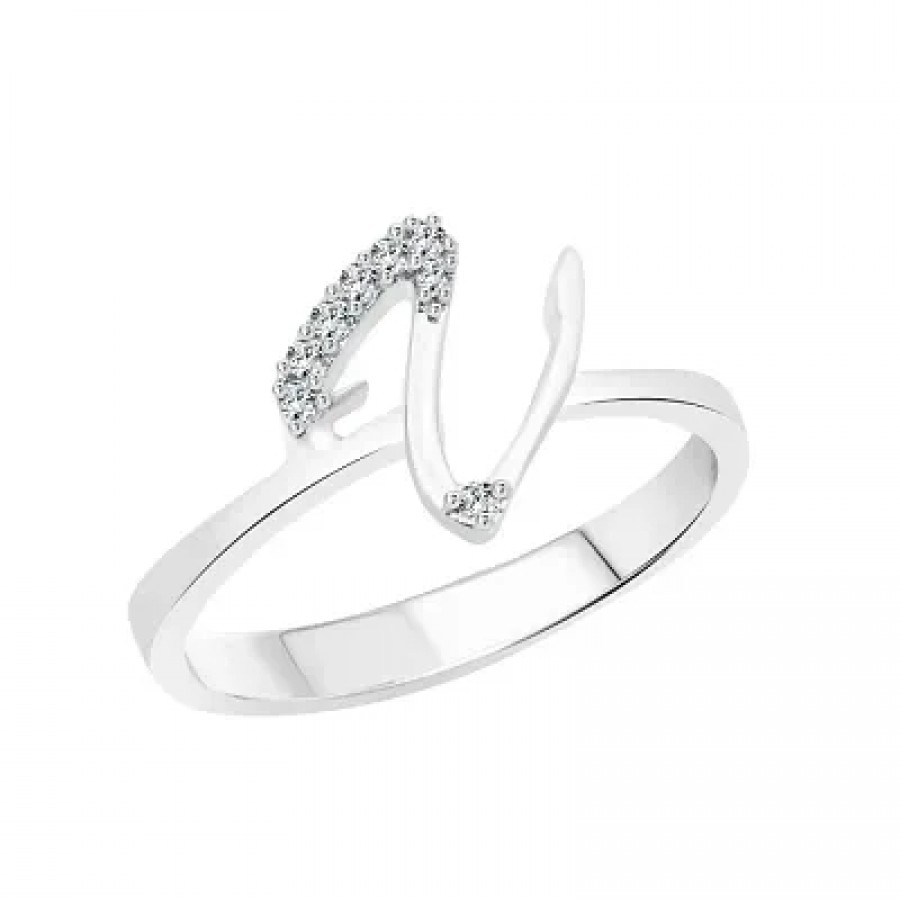 initial ''V'' Alphabet (CZ) Silver and Rhodium Plated Alloy Ring for Women and Girls