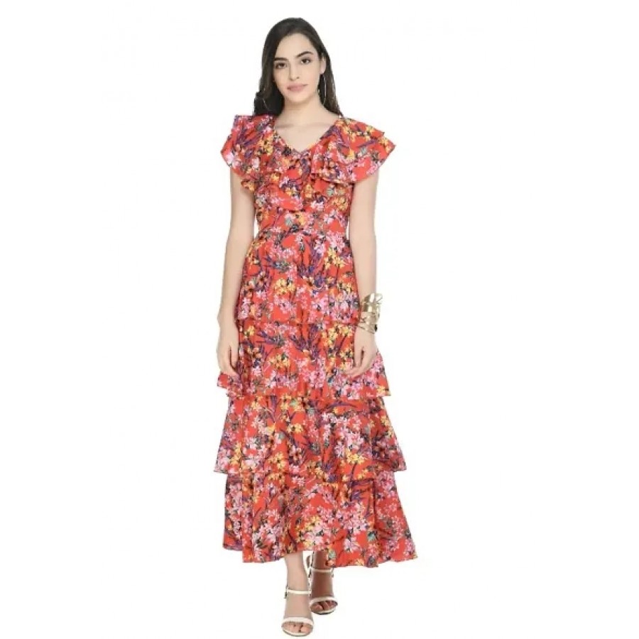 A N Women's Crepe Orange Printed A-Line Gown Dress