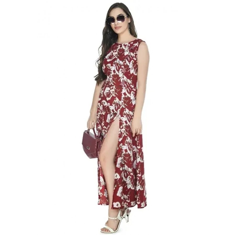 AAFREEN FAB Womens Crepe Dark Red Printed Pleated Dress