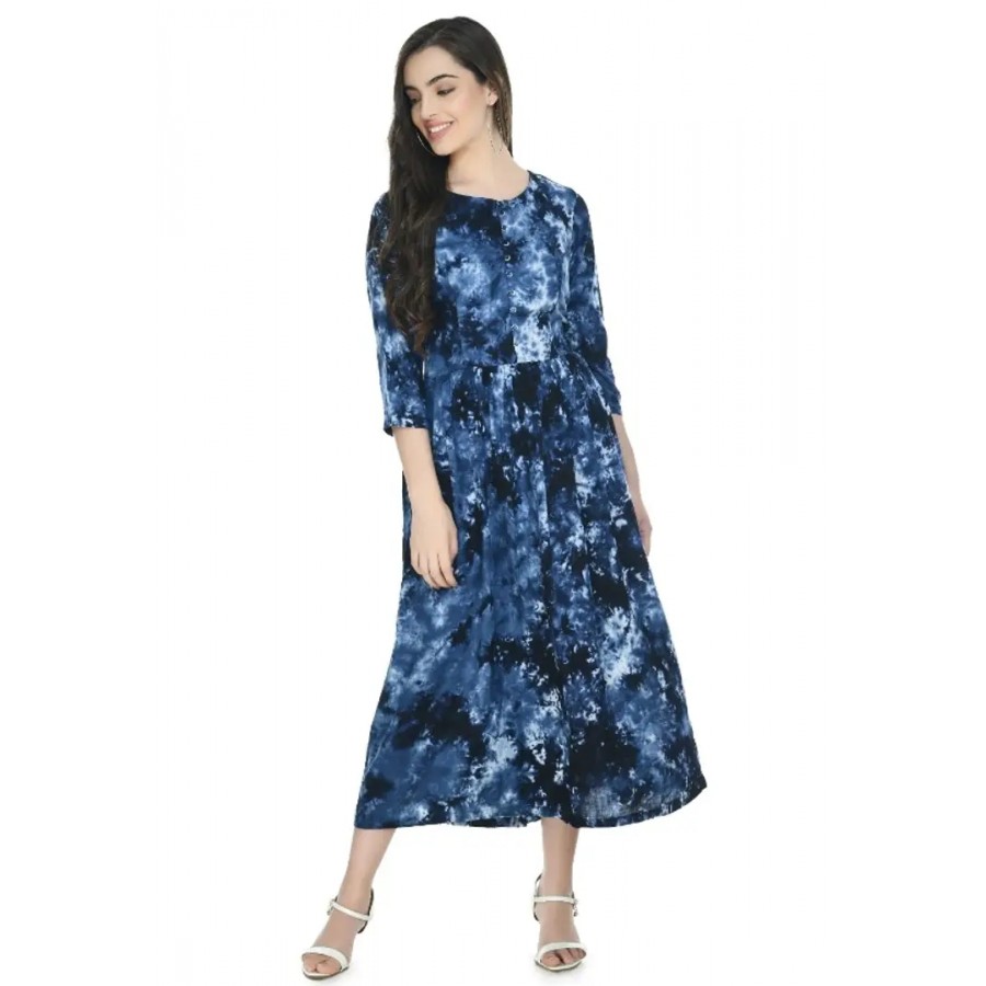 A N Women's Rayon Blue Tie and Dye Fit  Flare Maxi Dress