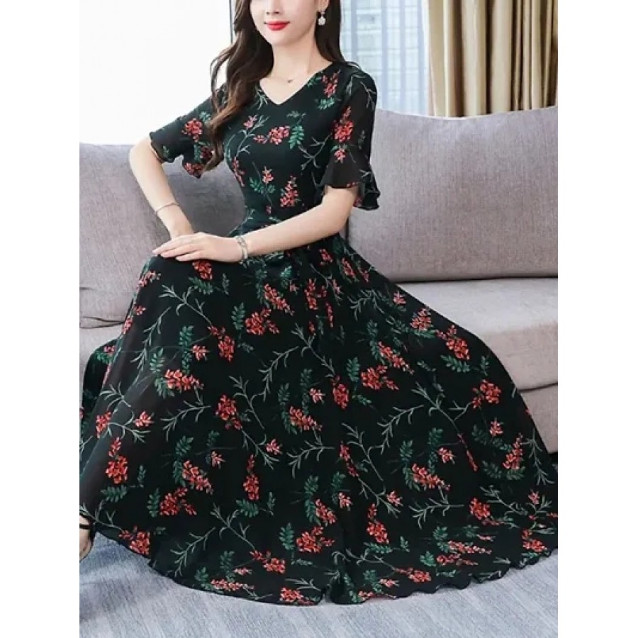 BLACK WITH RED FLOWER DRESS WITH BELL SLEEVE