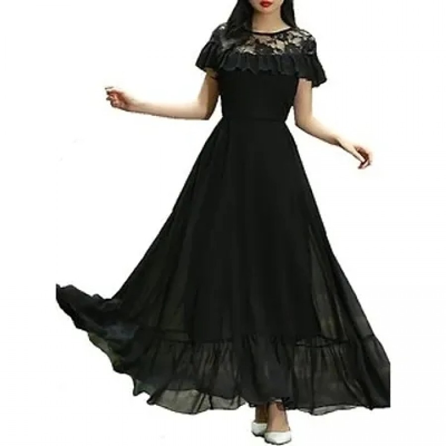 Black Net Yoke Long Maxi Dress