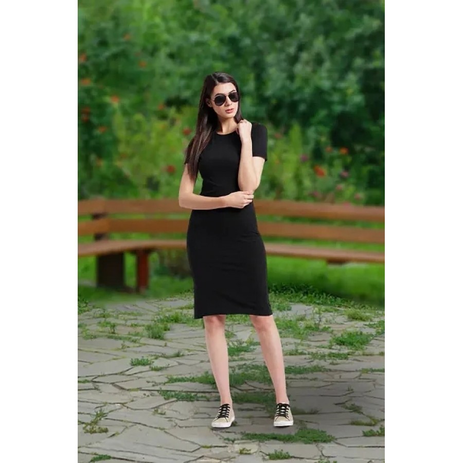 Black PC Cotton Colourblocked Knee Length Bodycon Dress