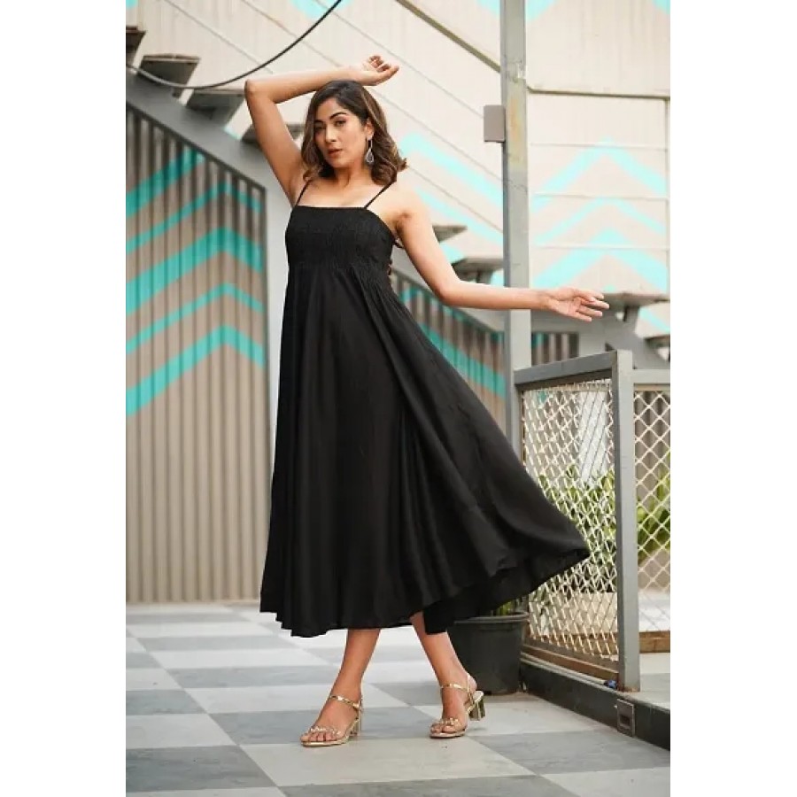 Black Rayon A-Line Bobbin Maxi Dress For Women