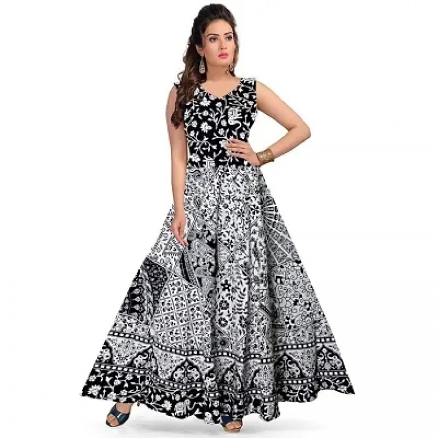 Classic Cotton Blend Maxi Length A-Line Ethnic Dress For Women