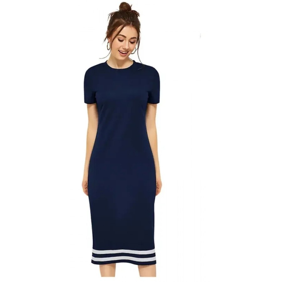 Elegant Blue Cotton Blend Solid Bodycon Dress For Women