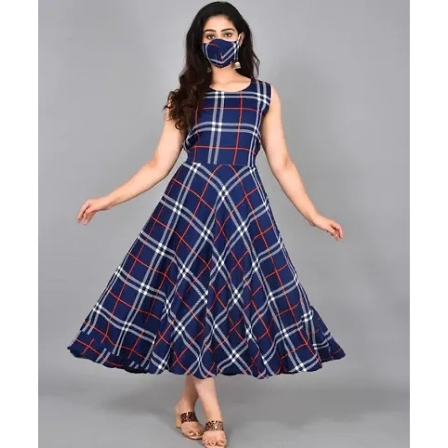 Elegant Multicoloured American Crepe Checked Dresses with Free Face Mask