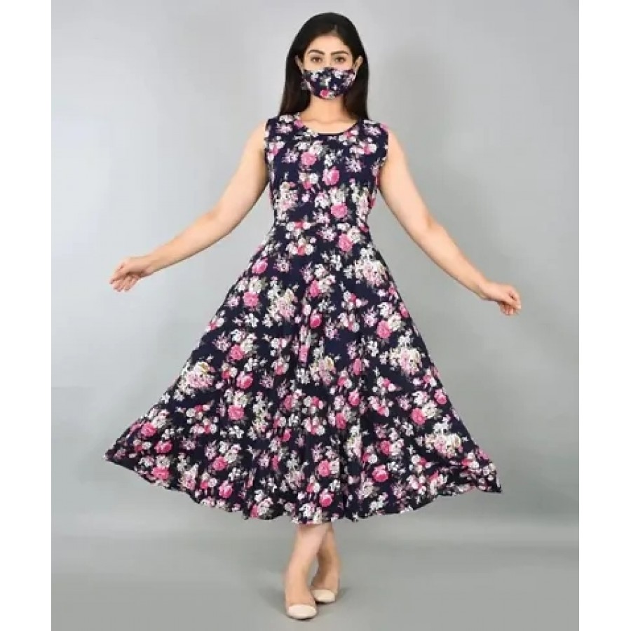 Elegant Multicoloured American Crepe Printed Dresses with Free Face Mask