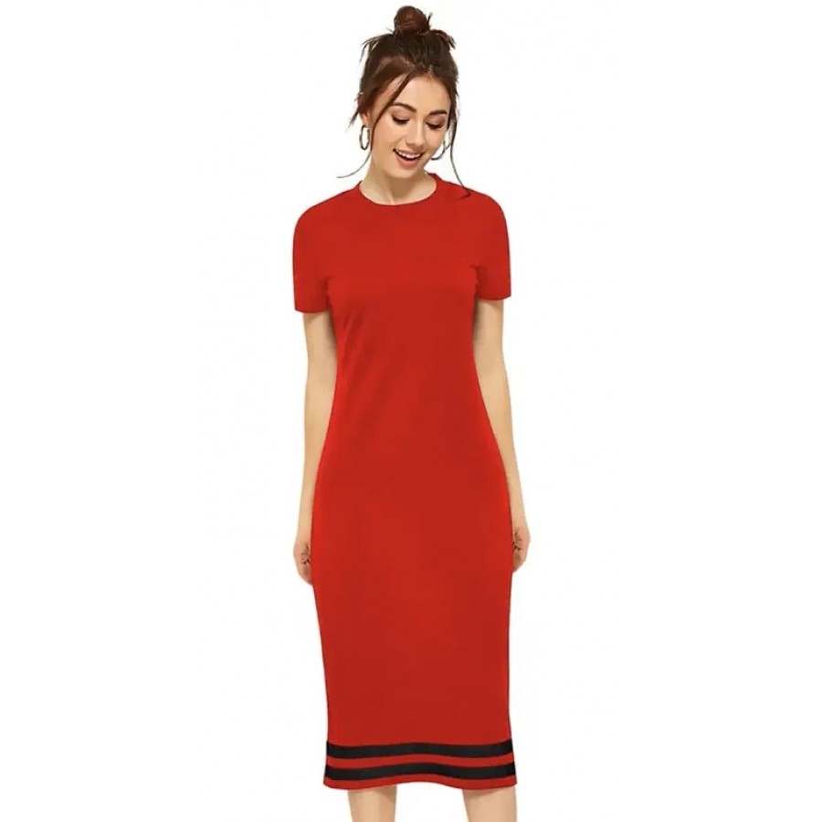 Elegant Red Cotton Blend Solid Bodycon Dress For Women