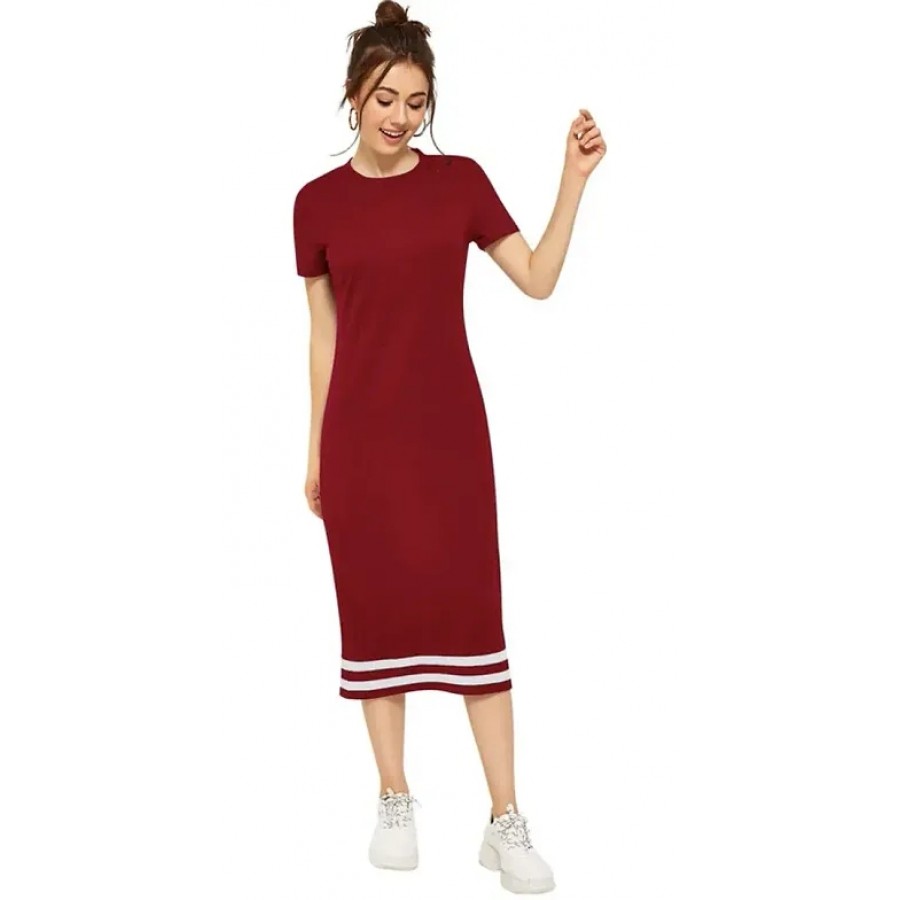 Elegant Red Cotton Blend Solid Bodycon Dress For Women