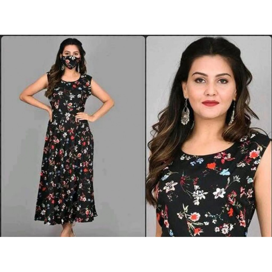 Elegant Multicoloured American Crepe Printed Dresses with Free Face Mask