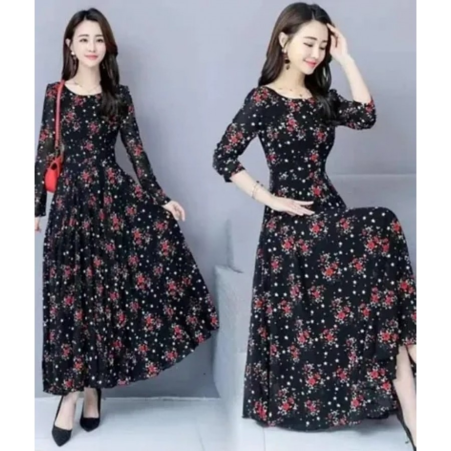 Elite Black Floral Printed Long Maxi Dress