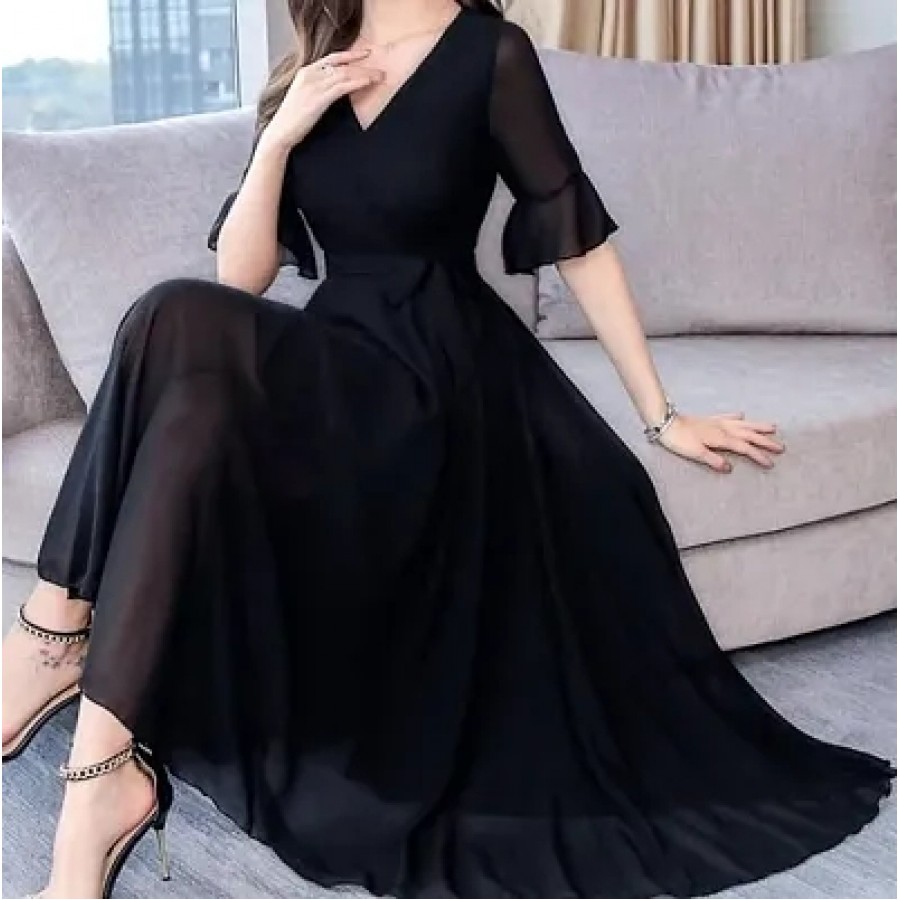 Elite Black Solid Polyester Long Maxi Dress