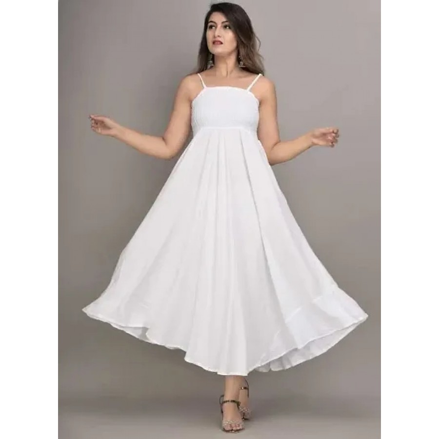 Elite White Rayon Solid Bobbin Maxi Dress For Women