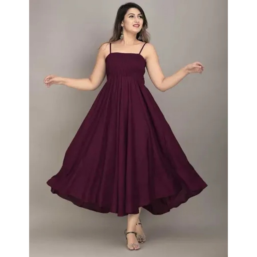 Elite Wine Rayon Solid Bobbin Maxi Dress For Women