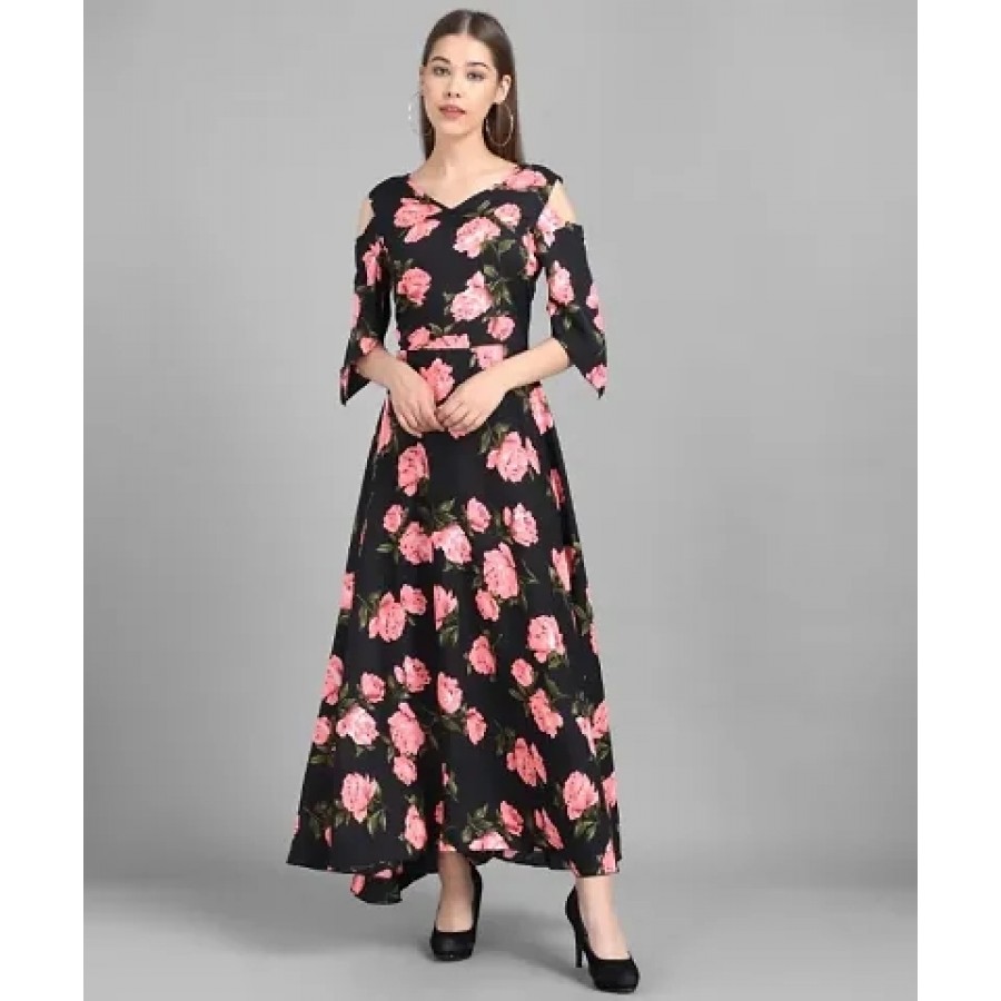 Elizy Women Black Base Pink Big Rose Printed Crepe Dress