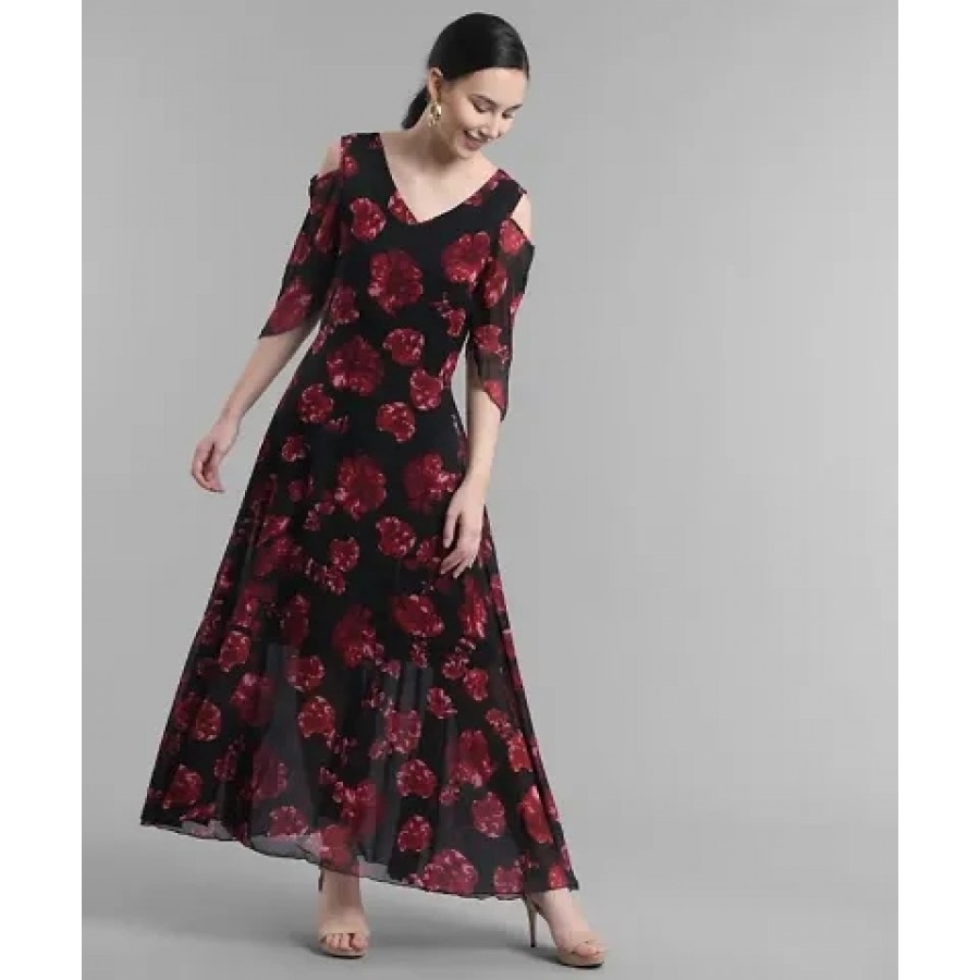 Elizy Women Black Base Red Rose Printed Off Shoulder Georgette Dress